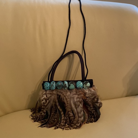 Moo Roo Charleston Purse - Pheasant Feather with Polished Turquoise Stones - Picture 3 of 5